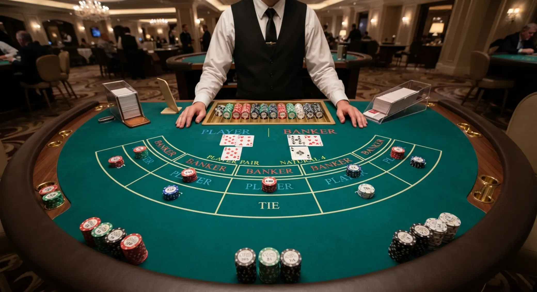 Baccarat asztal felülnézetből Baccarat asztal felülnézetből Player, Banker és Tie mezőkkel