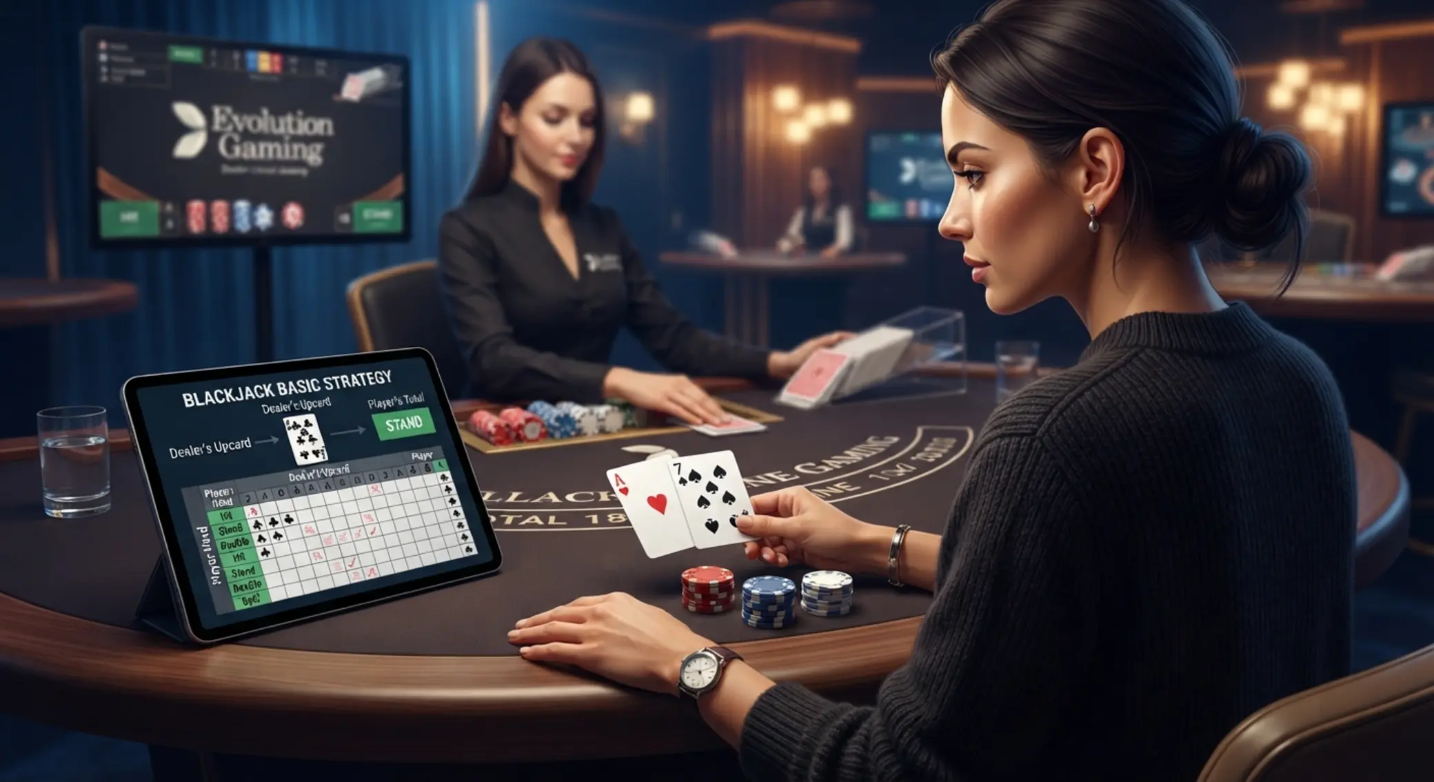 Játékos egyszerűsített blackjack stratégiatáblázatot néz