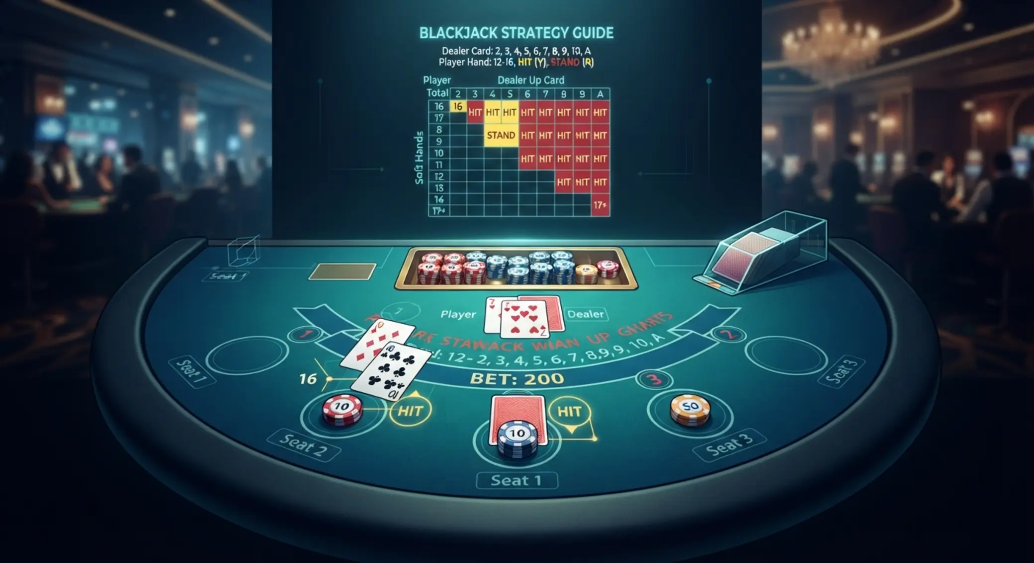 Blackjack stratégiai koncepció kártyákkal és táblázattal