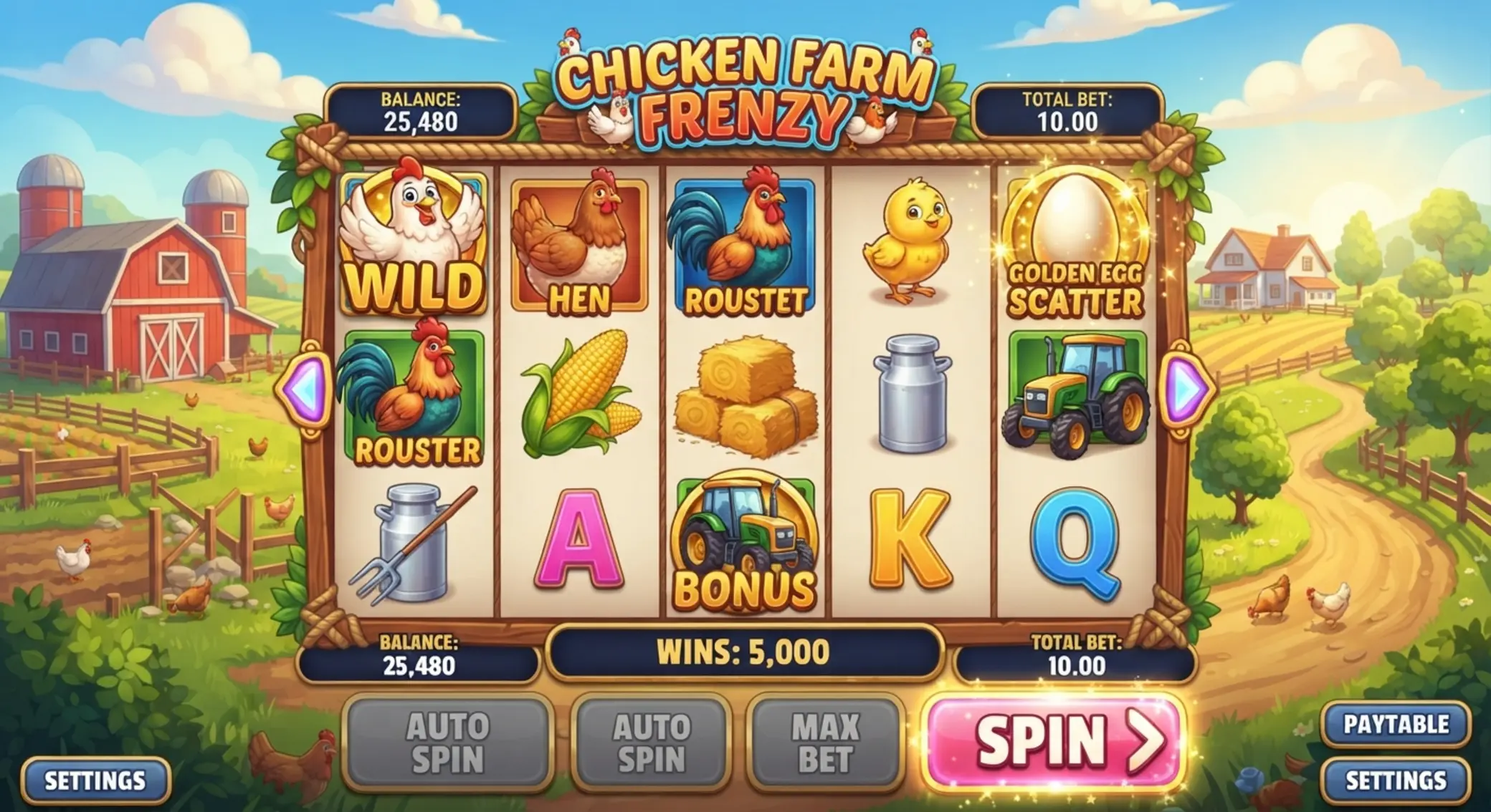 Chicken Road slot felület farmos háttérrel és csirkés szimbólumokkal