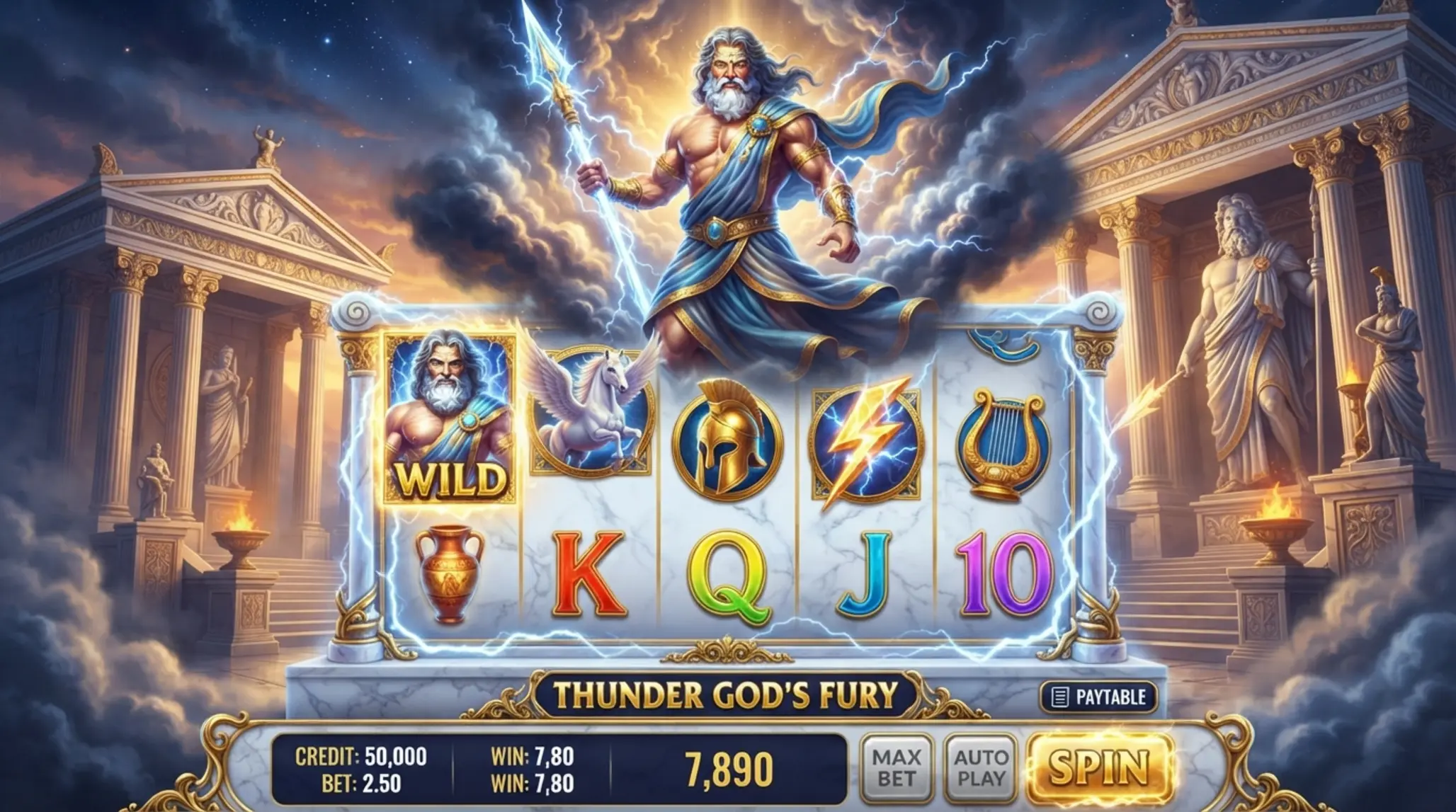 Olümposz hangulatú slot illusztráció villámokkal és oszlopokkal