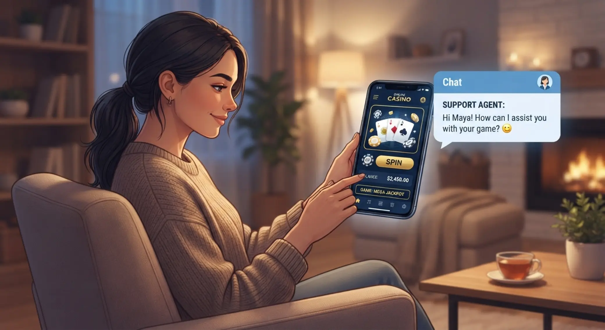 Mobil kaszinó használat és ügyfélszolgálati chat illusztráció