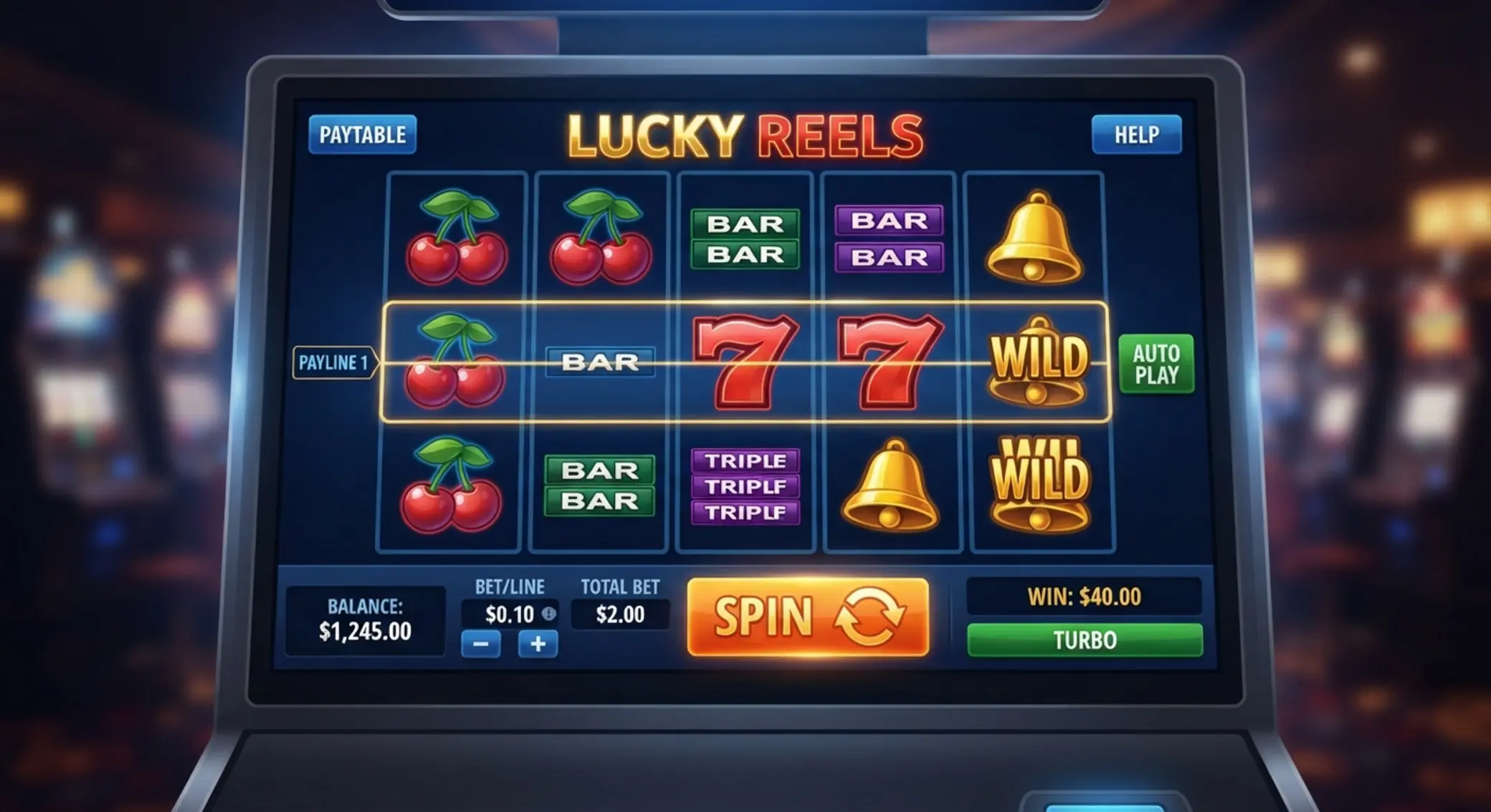 Online slot machine kezelőfelület Online slot gép felület tárcsákkal és spin gombbal