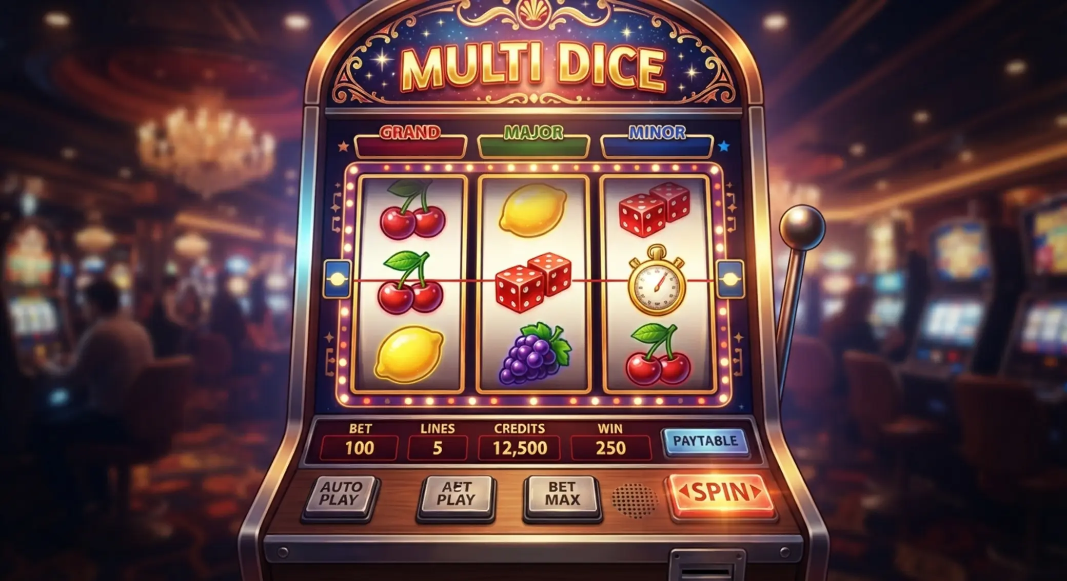 Multi Dice stílusú 3x3 slot játéktér gyümölcs- és kockaszimbólumokkal