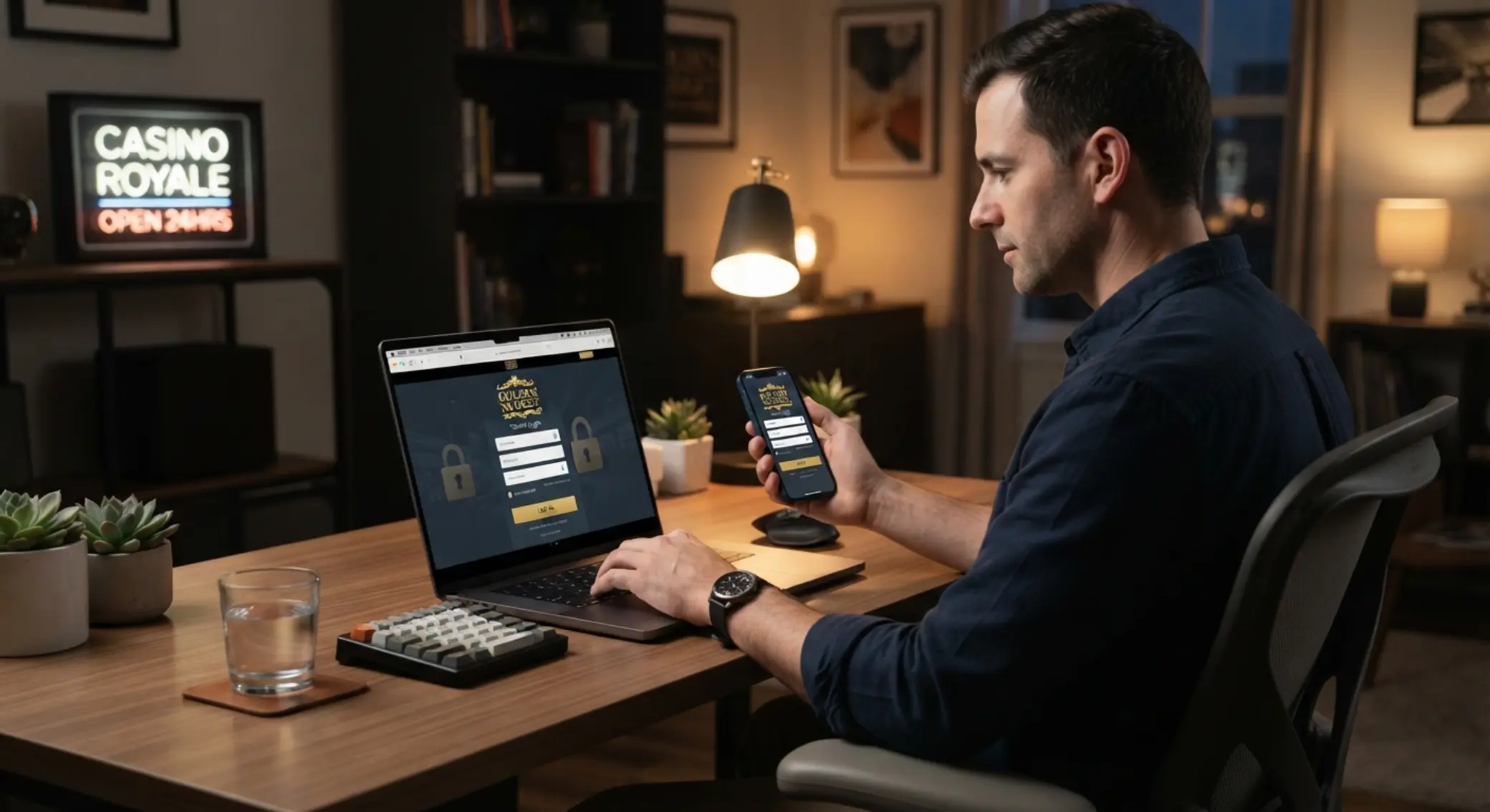 Felhasználó online kaszinó login felületet használ laptopon és mobilon