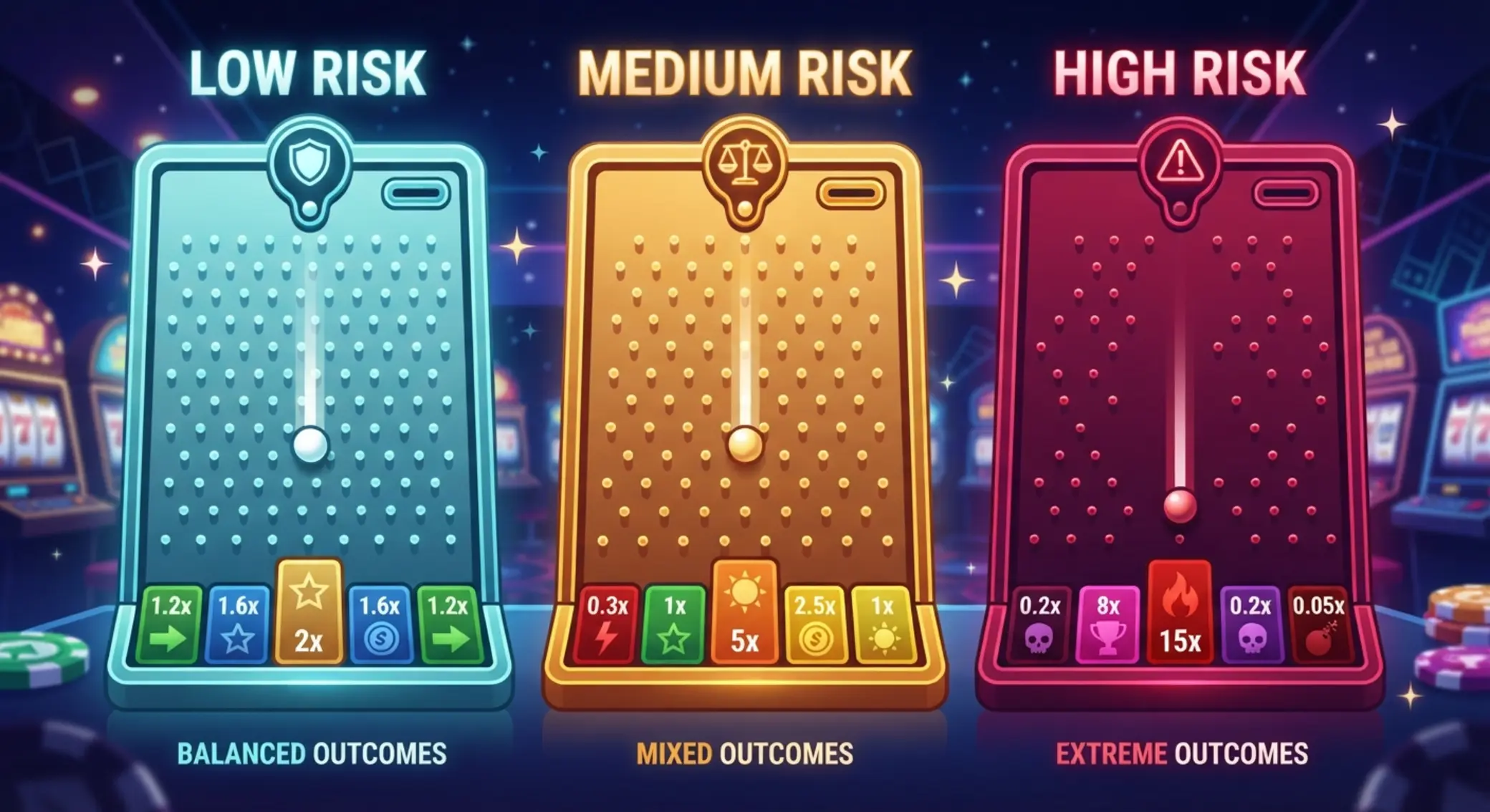 Plinko kockázati szintek szemléltetése