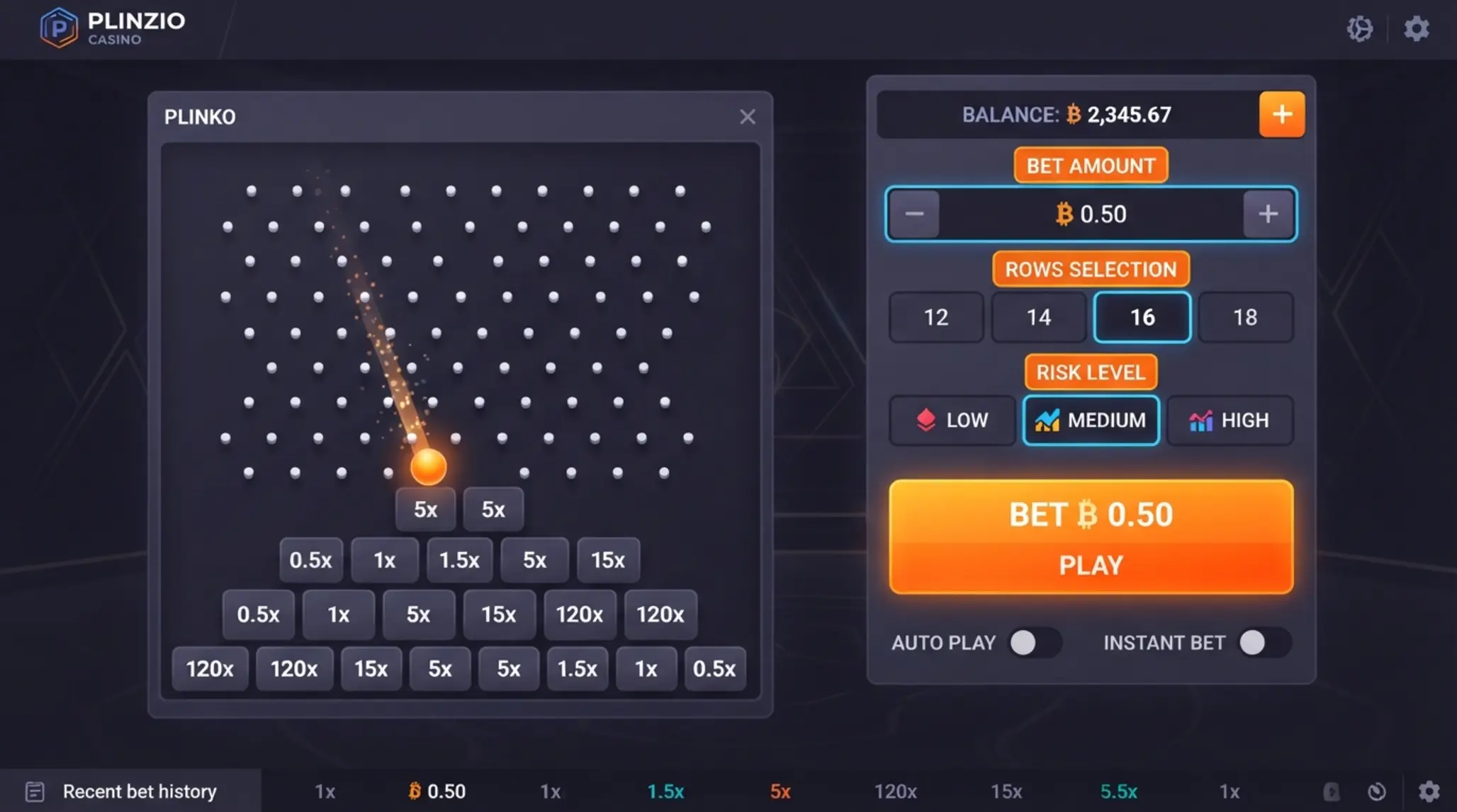 Plinko játékfelület kiemelt kezelőszervekkel