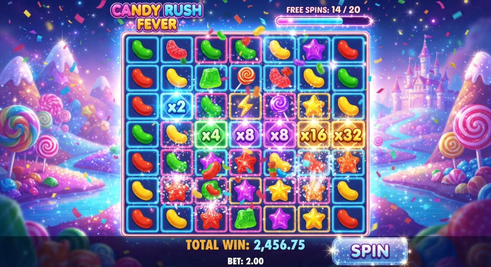 Free spins mód szorzóhelyekkel a Sugar Rush 1000 játékban