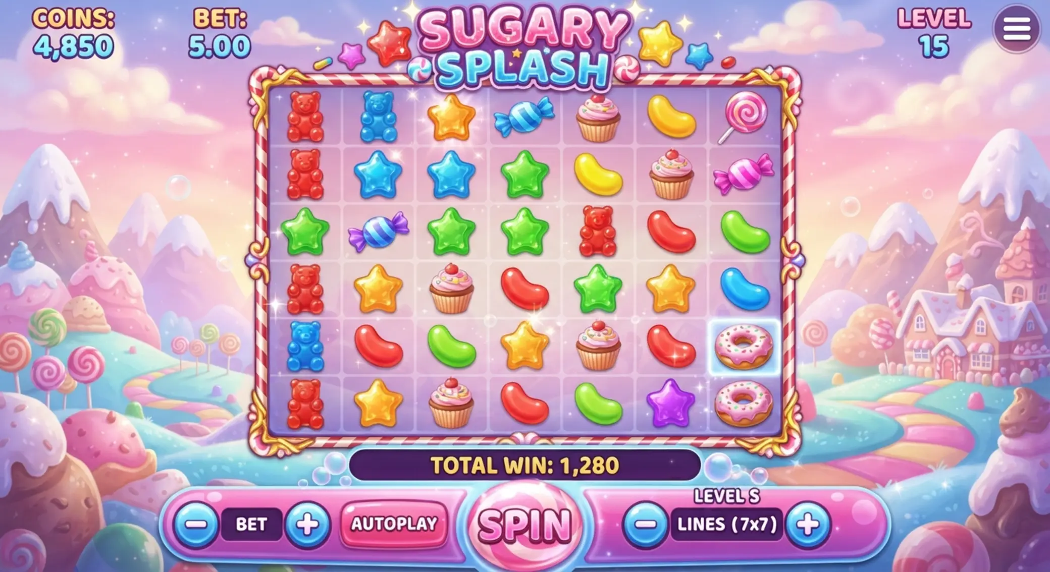 A Sugar Rush 1000 fő játékképernyője 7x7-es cukorkarácson