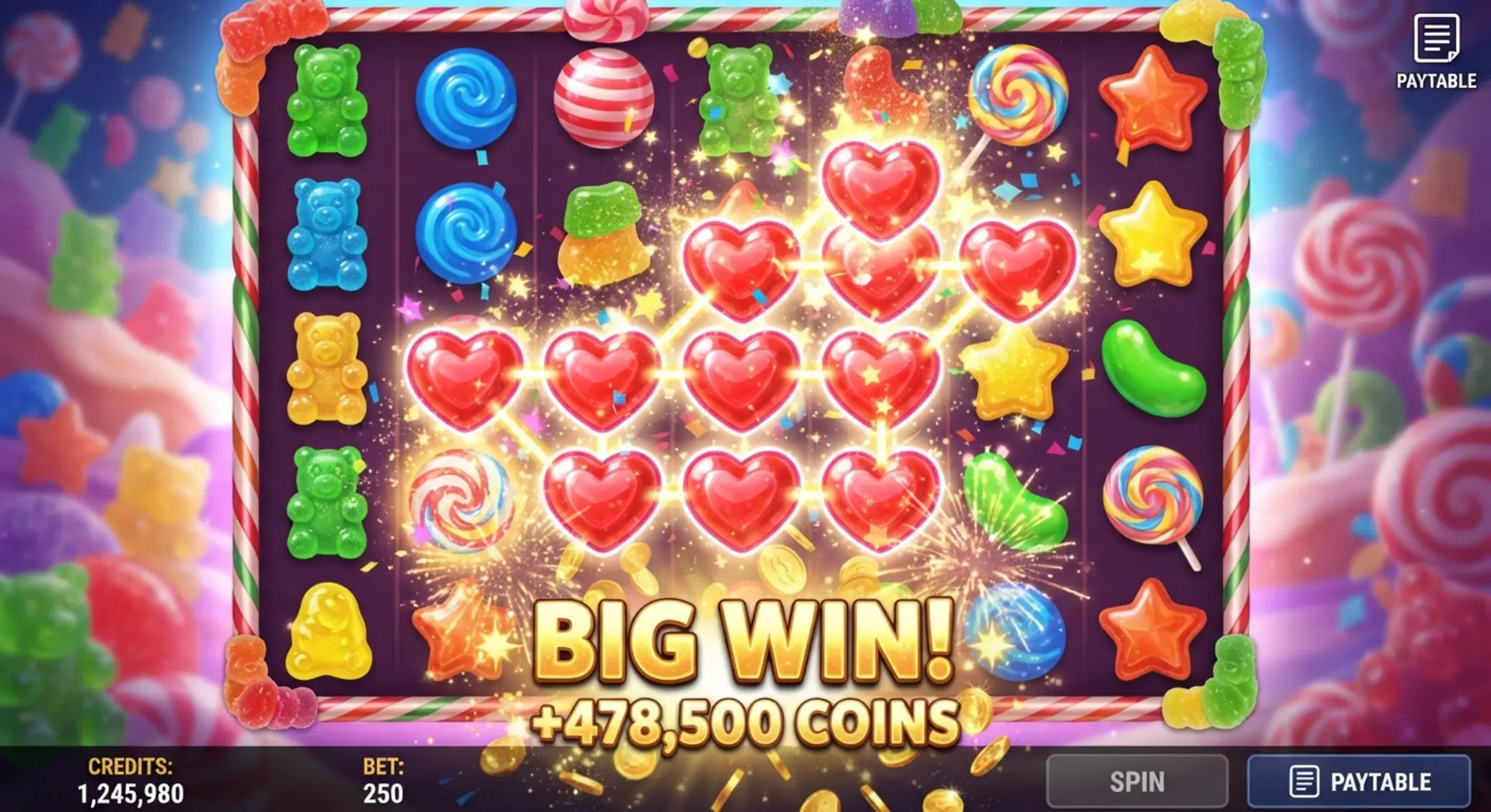 Közelkép a Sugar Rush 1000 cukorka- és gumimaci-szimbólumairól