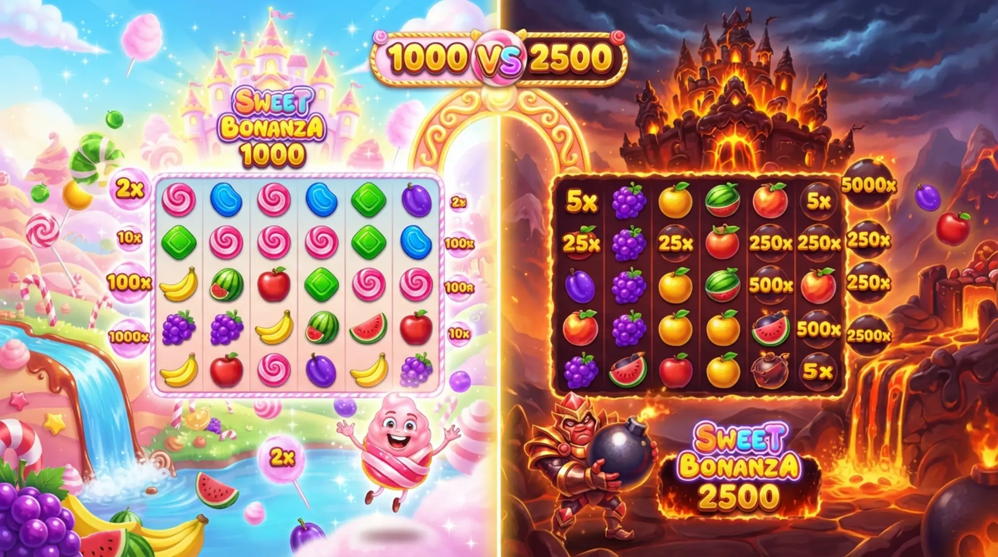 Sweet Bonanza 1000 vs 2500 Sweet Bonanza 1000 és 2500 összehasonlító hangulatkép