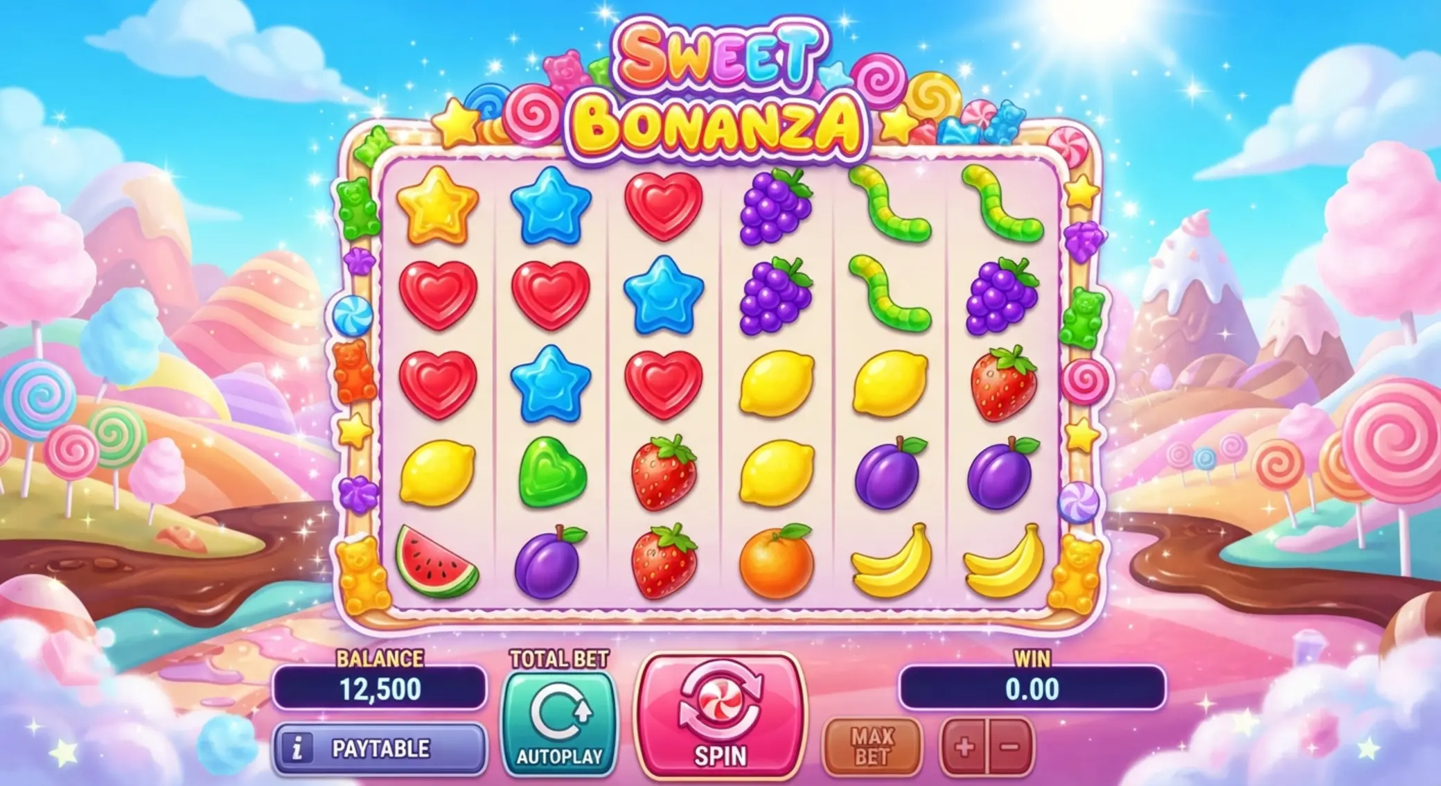 Sweet Bonanza stílusú játéktér cukorka és gyümölcs szimbólumokkal