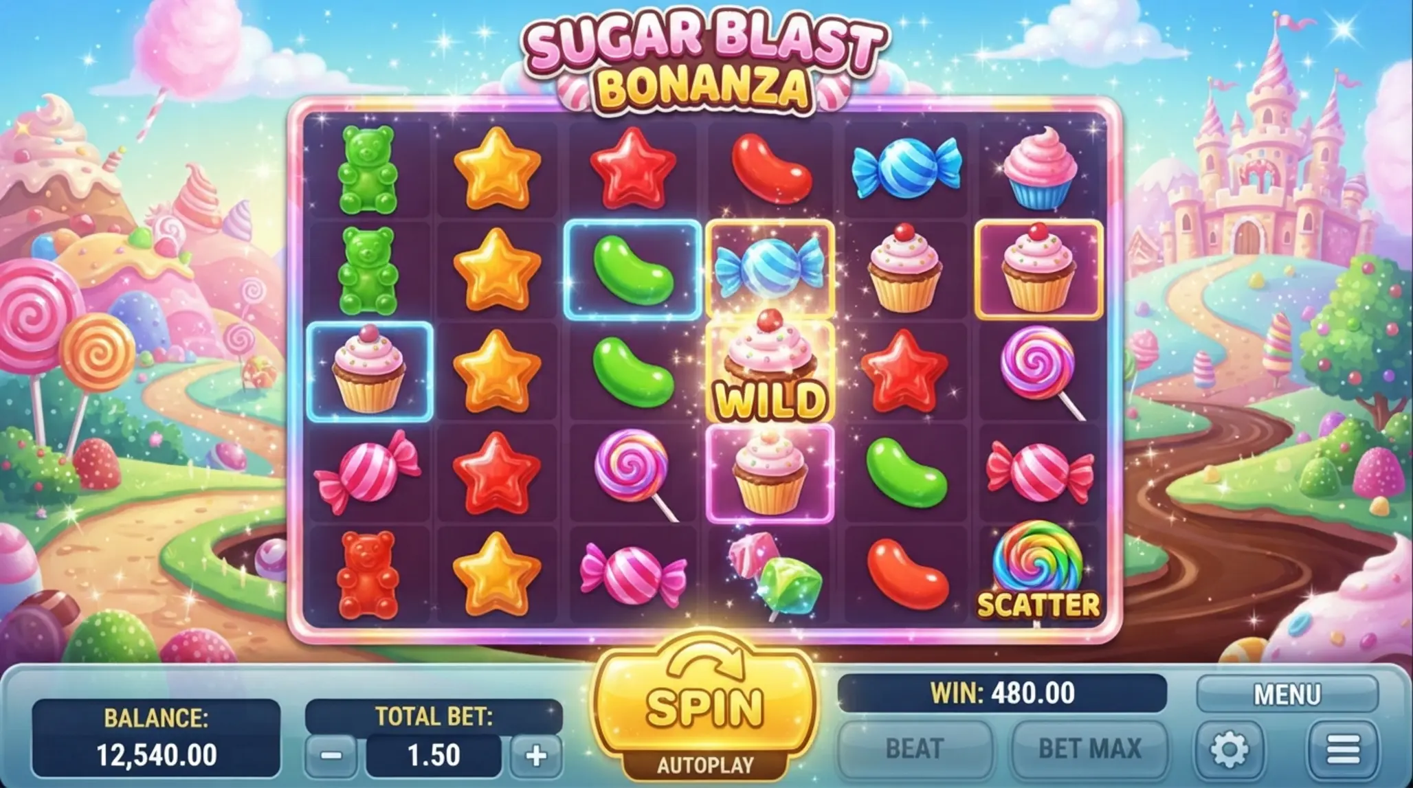 Sweet Rush Bonanza stílusú játékképernyő cukorkás ráccsal