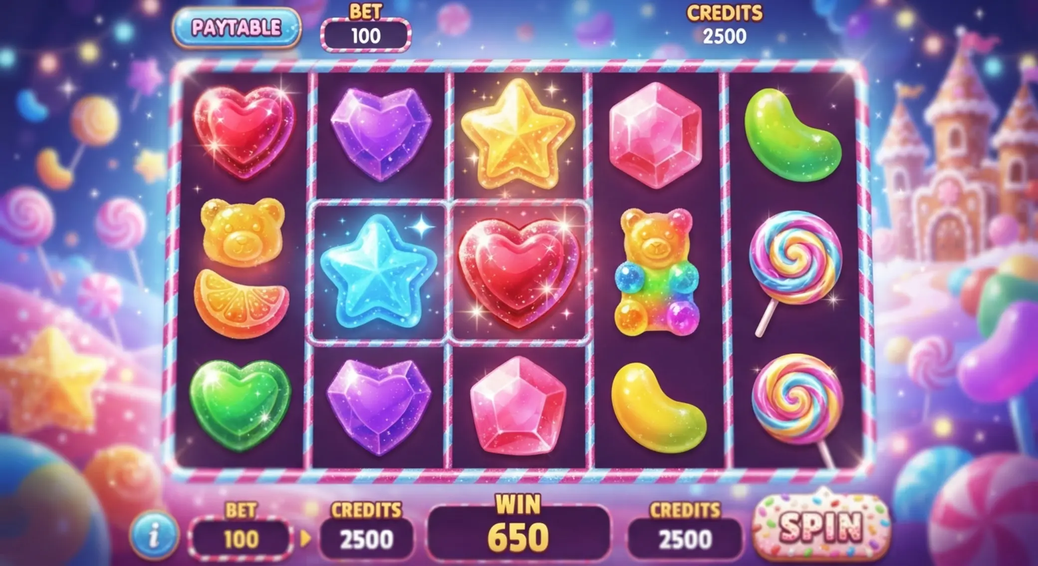 Különféle cukorka szimbólumok egy slot rácson